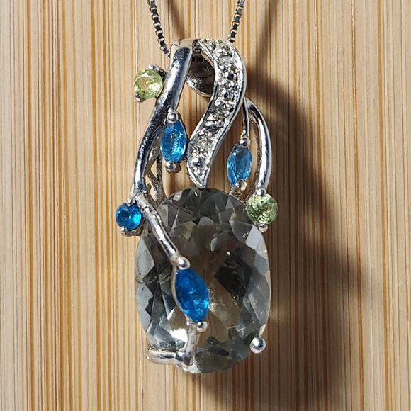 VTG 925 Natural Prasolite / Green Amethyst w/ Neon Apatite & Peridot Pendant 18" - Picture 1 of 11
